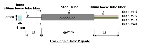 1X8 PLC Fiber Optic Splitter With Steel Tube, G657A Fiber,0.9mm Structure