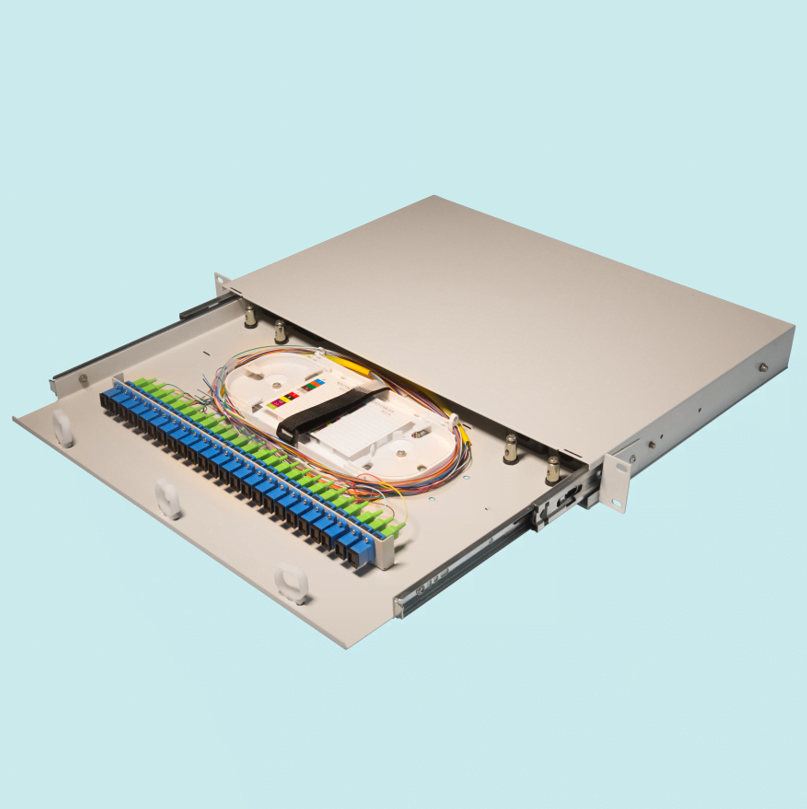 1U Rack Mountable Fiber Optical Distribution Patch Panel Rotation Type Fiber Terminal Box with fiber pigtails