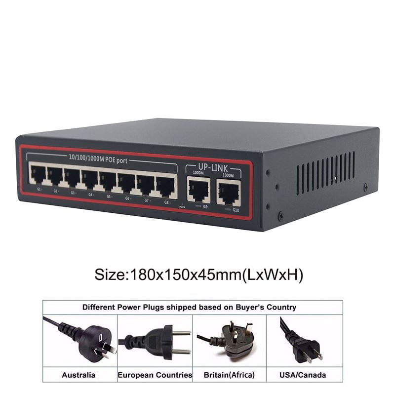 8 Ports Gigbit PoE Switch 8x1000M+2x1000M Up-Link Plug